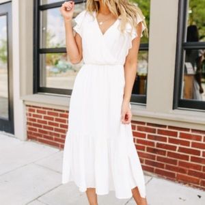 White ruffle sleeve midi dress from Magnolia Boutique